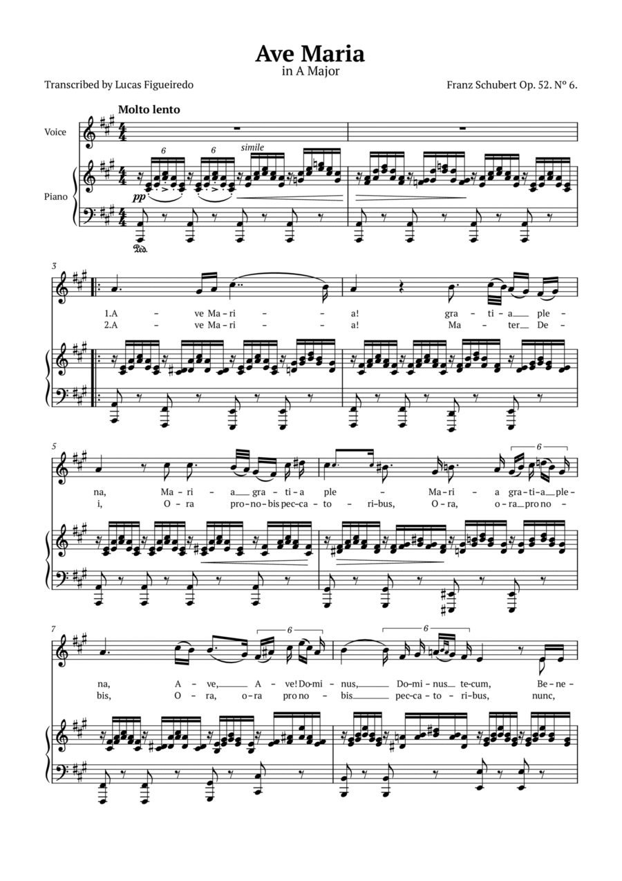 Ave Maria (Schubert) in A Major for Piano and Voice (Lyrics in Latin) Voice scores gallery preview page 1