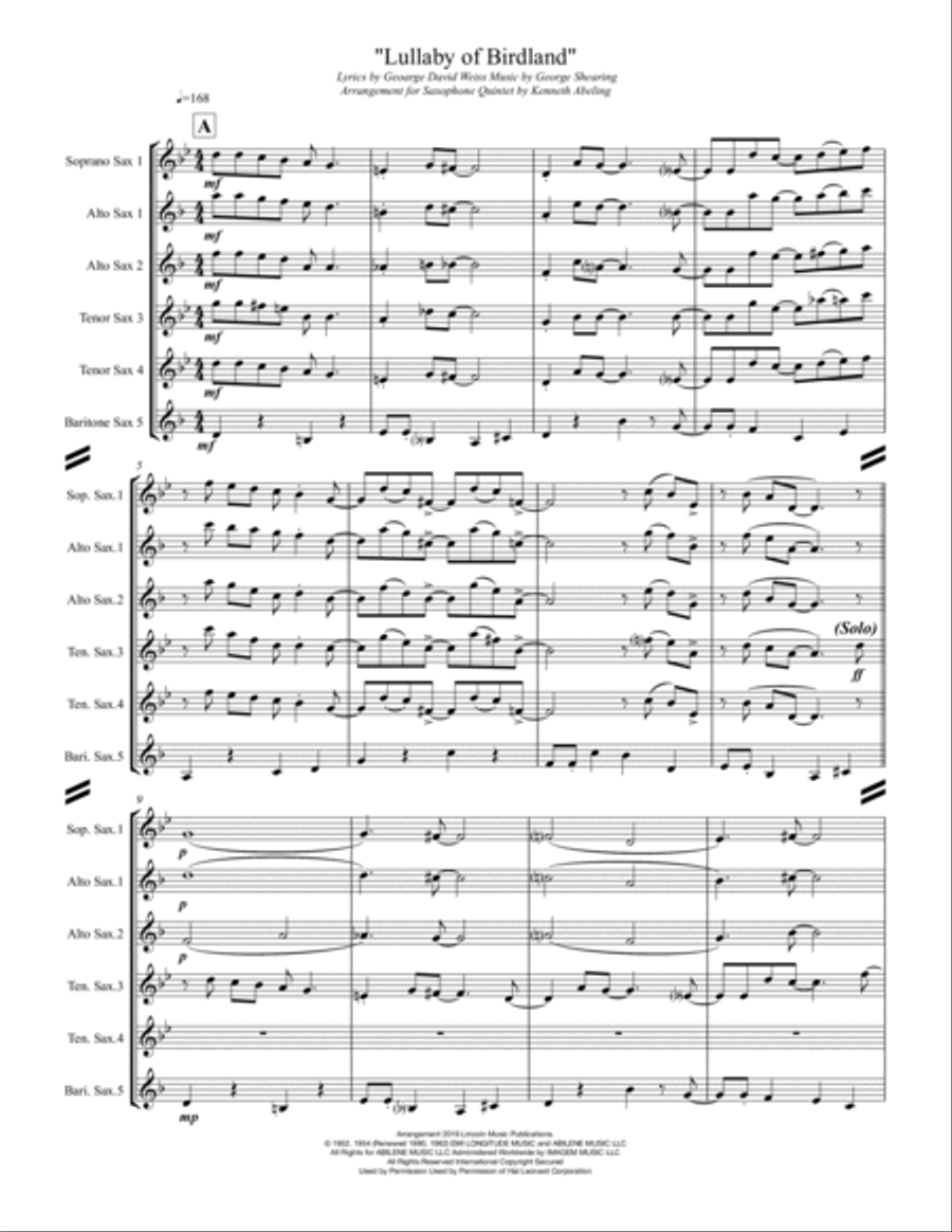 Lullaby Of Birdland Lullaby Of Birdland Saxophone Quintet scores gallery preview page 2