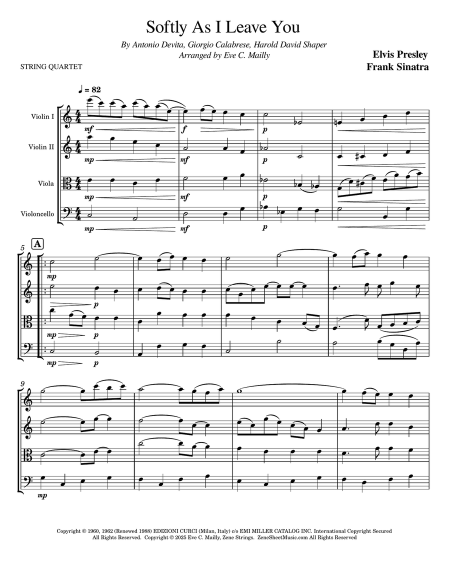 Softly As I Leave You String Quartet scores gallery preview page 1