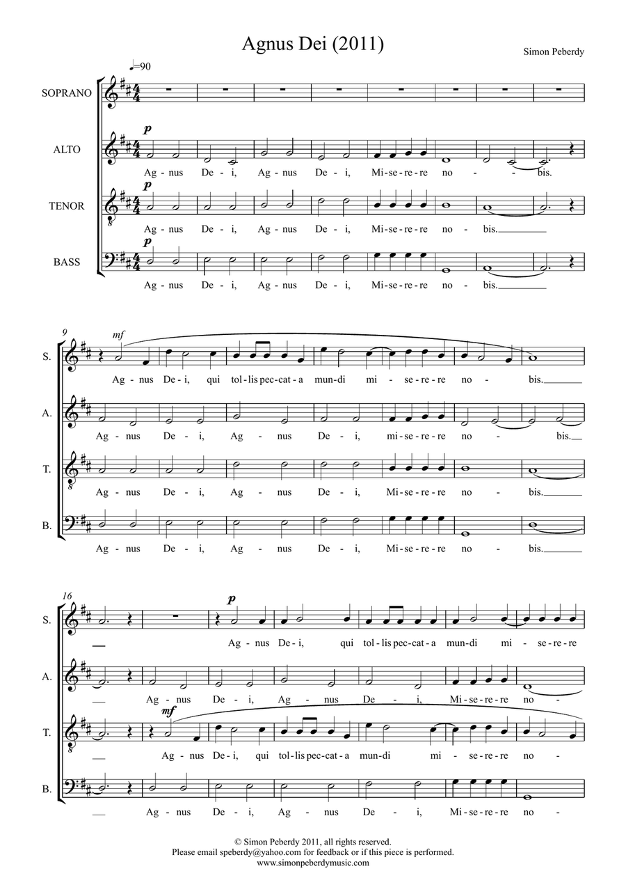 Agnus Dei (in Latin) for SATB choir by Simon Peberdy 4-Part scores gallery preview page 1
