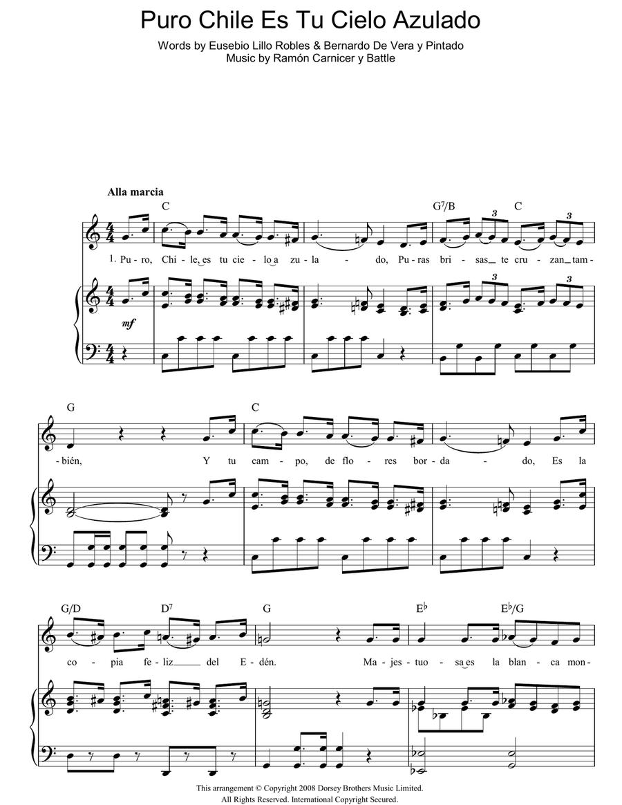 Puro Chile Es Tu Cielo Azulado (Chilean National Anthem) Piano, Vocal, Guitar scores gallery preview page 1