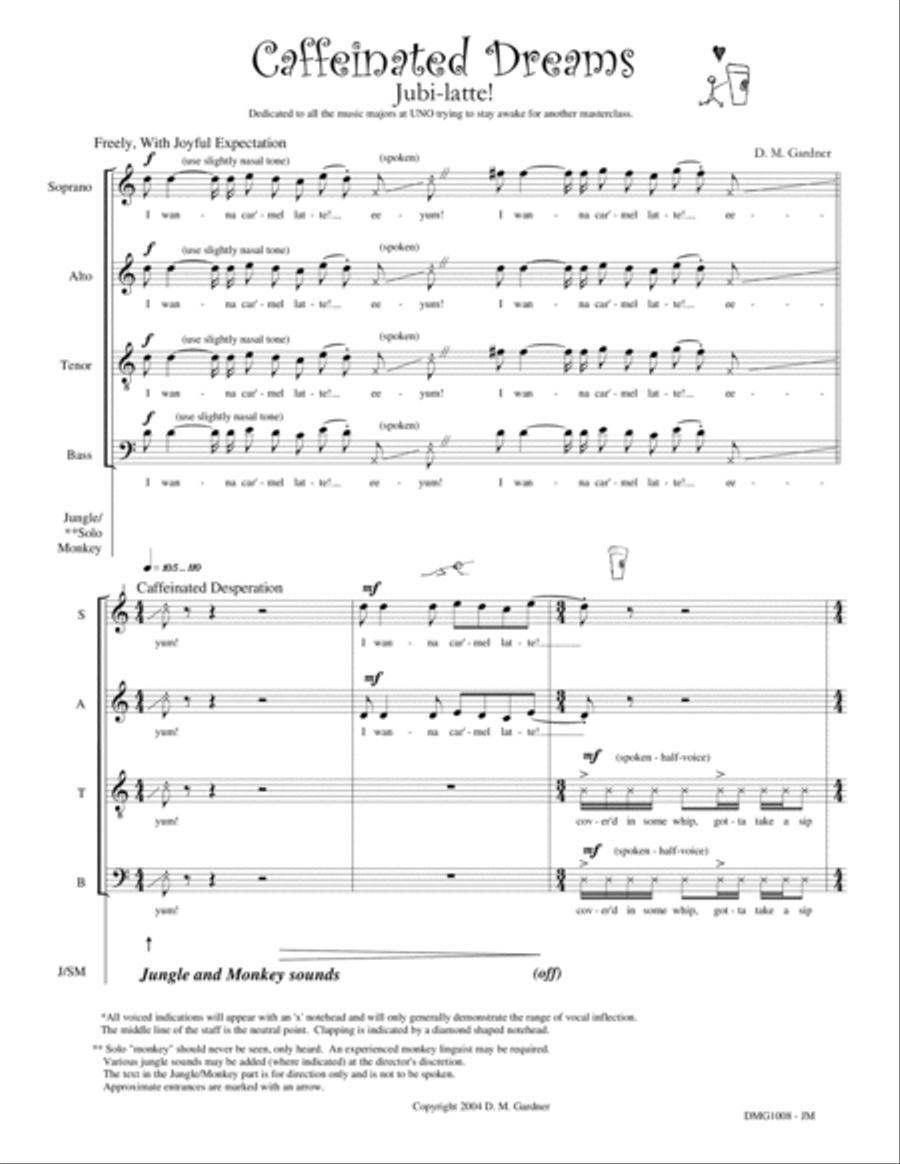 Caffeinated Dreams (SATB, Percussion, and Solo Monkey) 4-Part scores gallery preview page 2