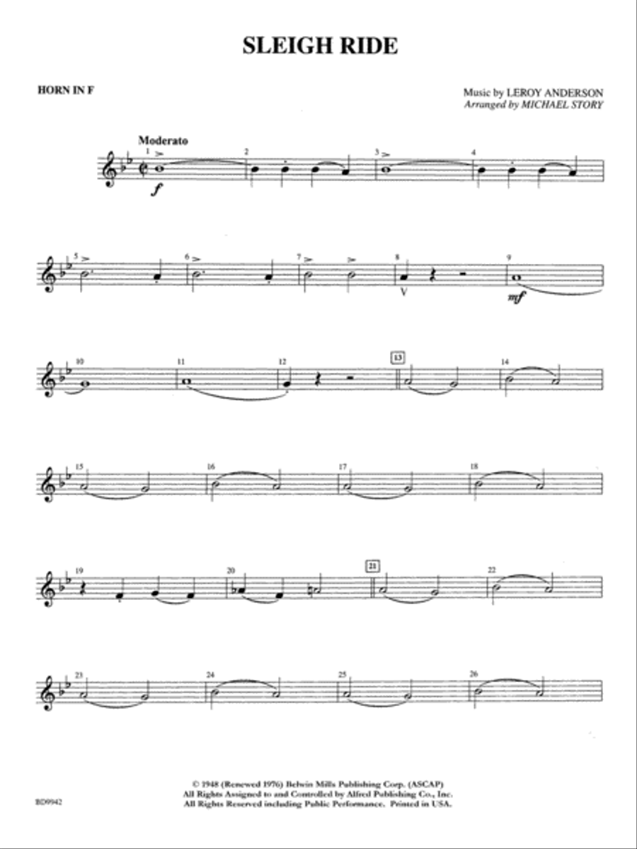 Sleigh Ride: 1st F Horn Concert Band scores gallery preview page 1