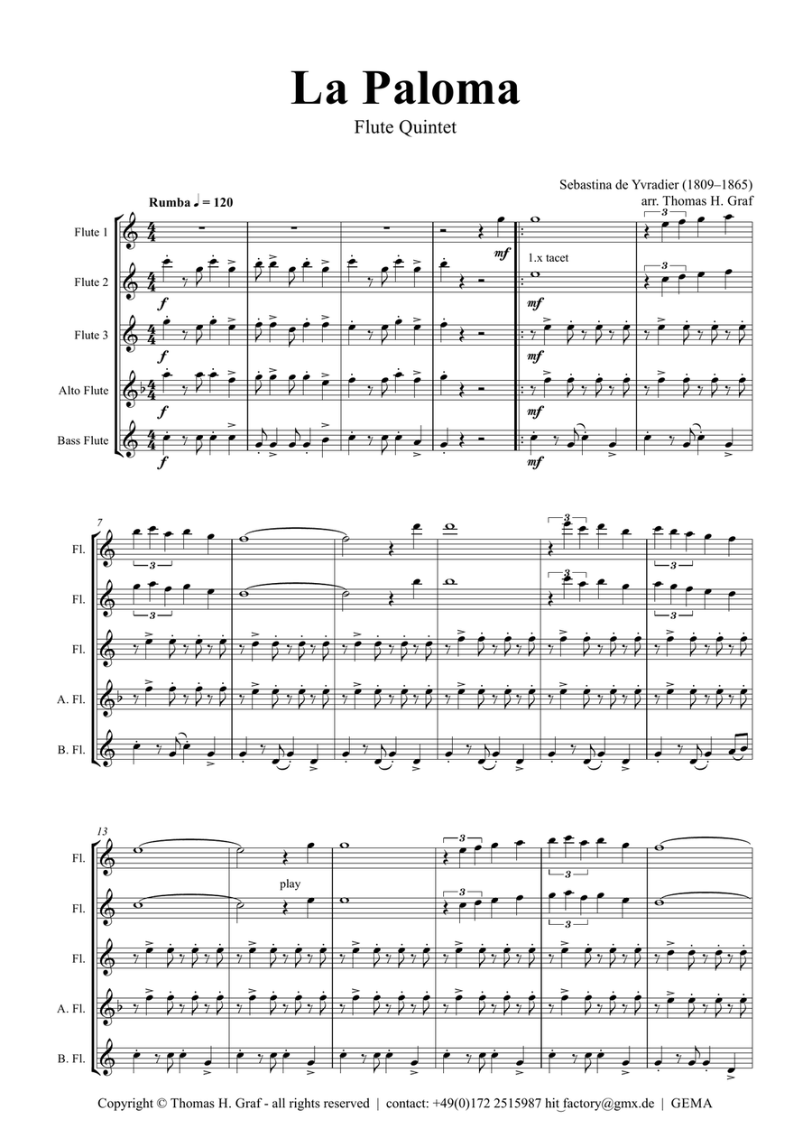 La Paloma - Spanish Habanera - Flute Quintet Woodwind Ensemble scores gallery preview page 1
