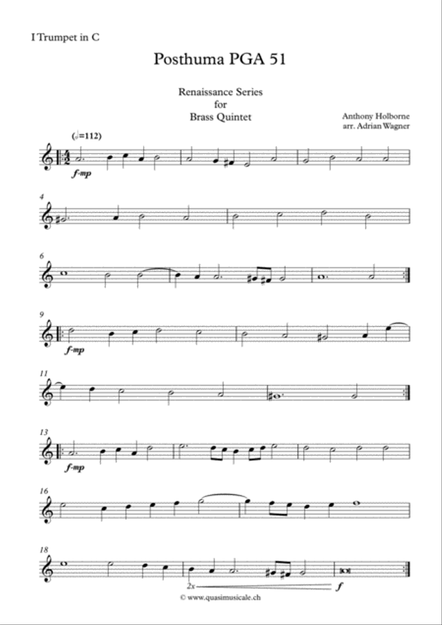 Posthuma PGA 51 (Anthony Holborne) Brass Quintet arr. Adrian Wagner Brass Quintet scores gallery preview page 6