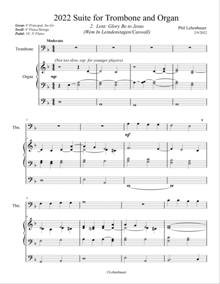 2022 Suite for Trombone and Organ, 2. Lent: Glory Be to Jesus, by Phil Lehenbauer Small Ensemble scores gallery preview page 2