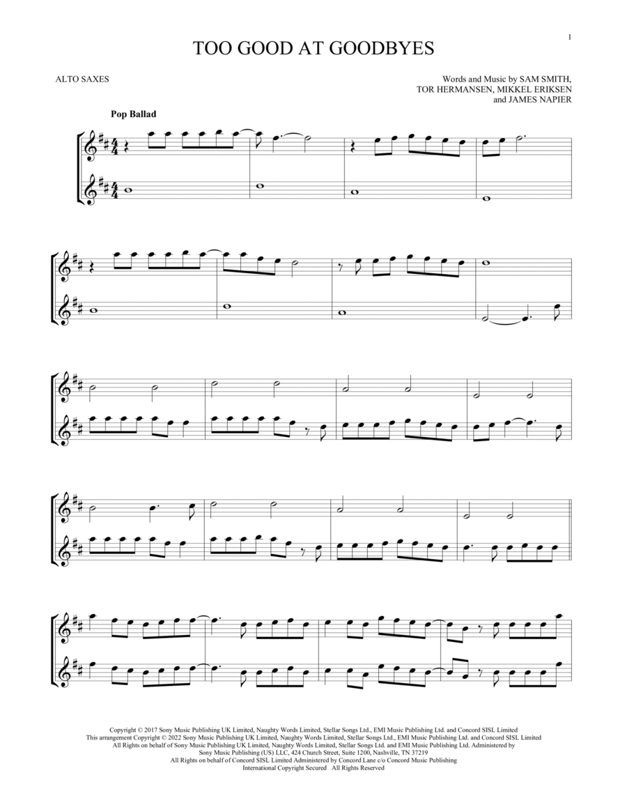 Too Good At Goodbyes Woodwind Duet scores gallery preview page 1