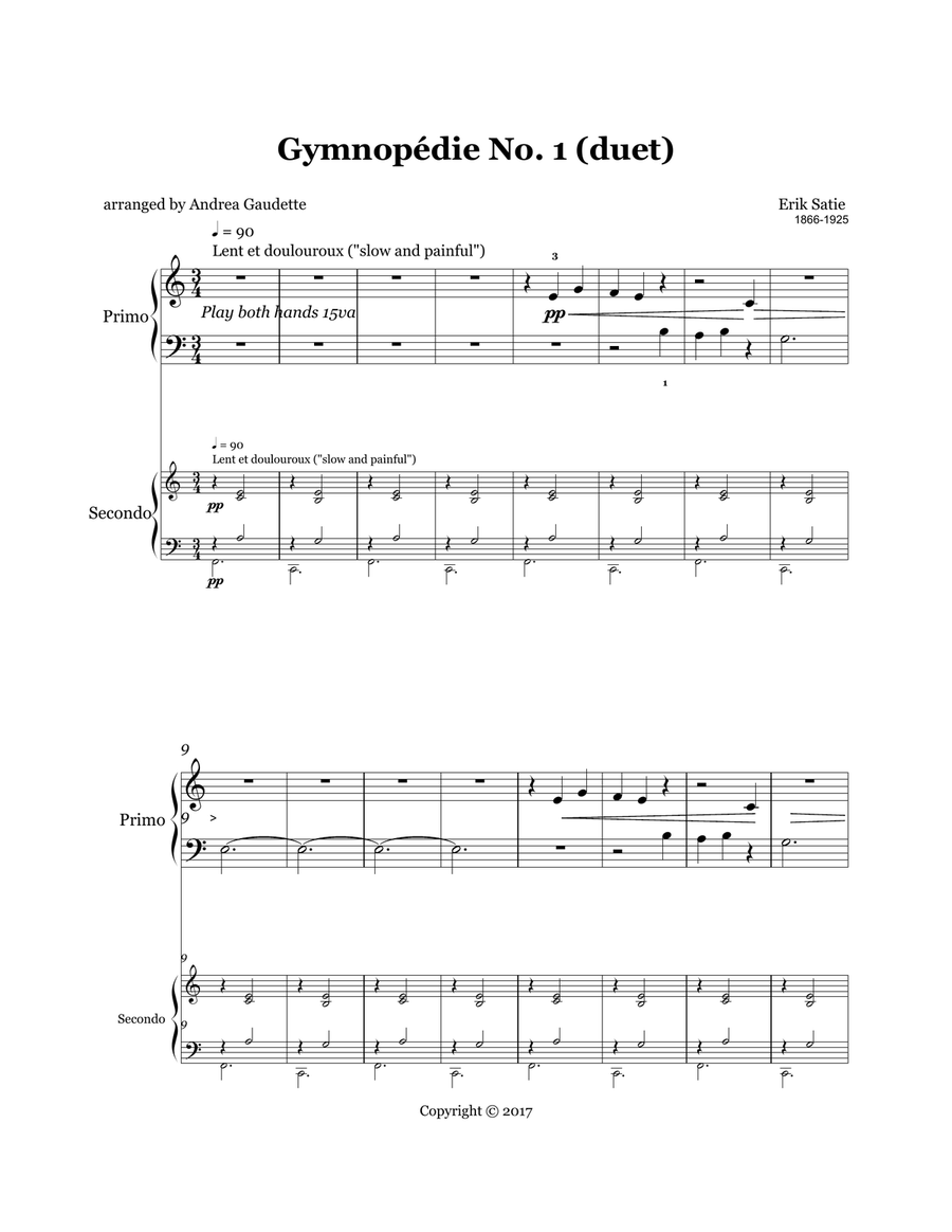 Gymnopédie No. 1 (Piano Duet) Easy Piano scores gallery preview page 1