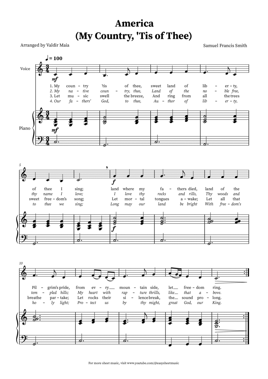 America (My Country, 'Tis of Thee) - Voice and Piano in C Voice Solo scores gallery preview page 1