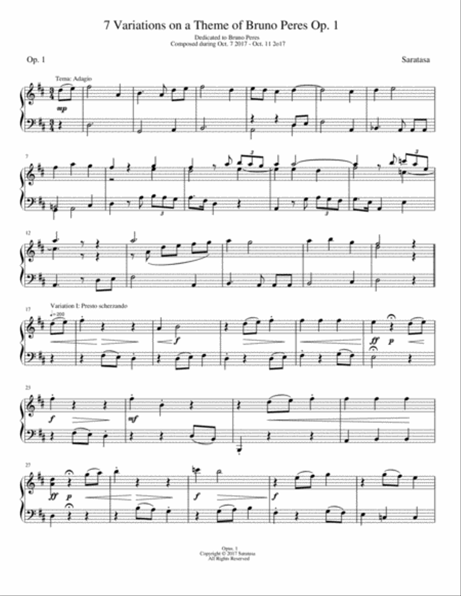 7 Variations on a Theme of Bruno Peres in D Major Op.1 Piano Solo scores gallery preview page 1