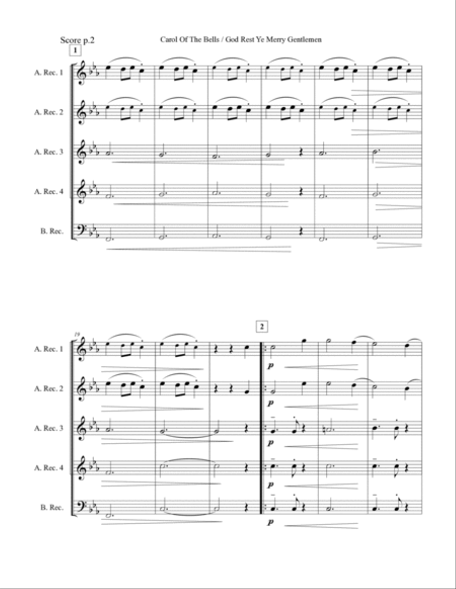 Carol Of The Bells / God Rest Ye Merry Gentlemen - 4 Alto recorders (with optional 5th bass part) Woodwind Duet scores gallery preview page 4