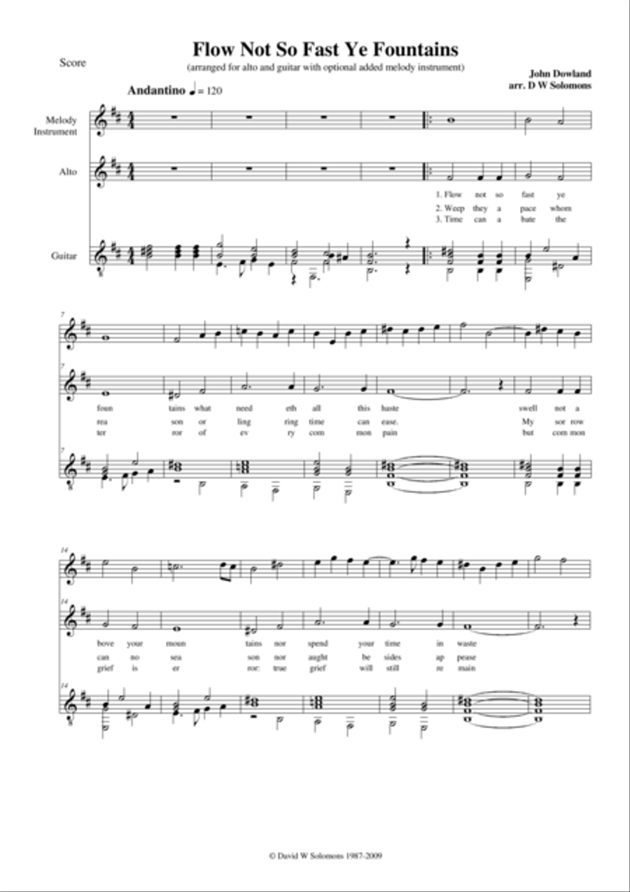 Flow not so fast ye fountains for low voice, guitar and added melody instrument Flute scores gallery preview page 1