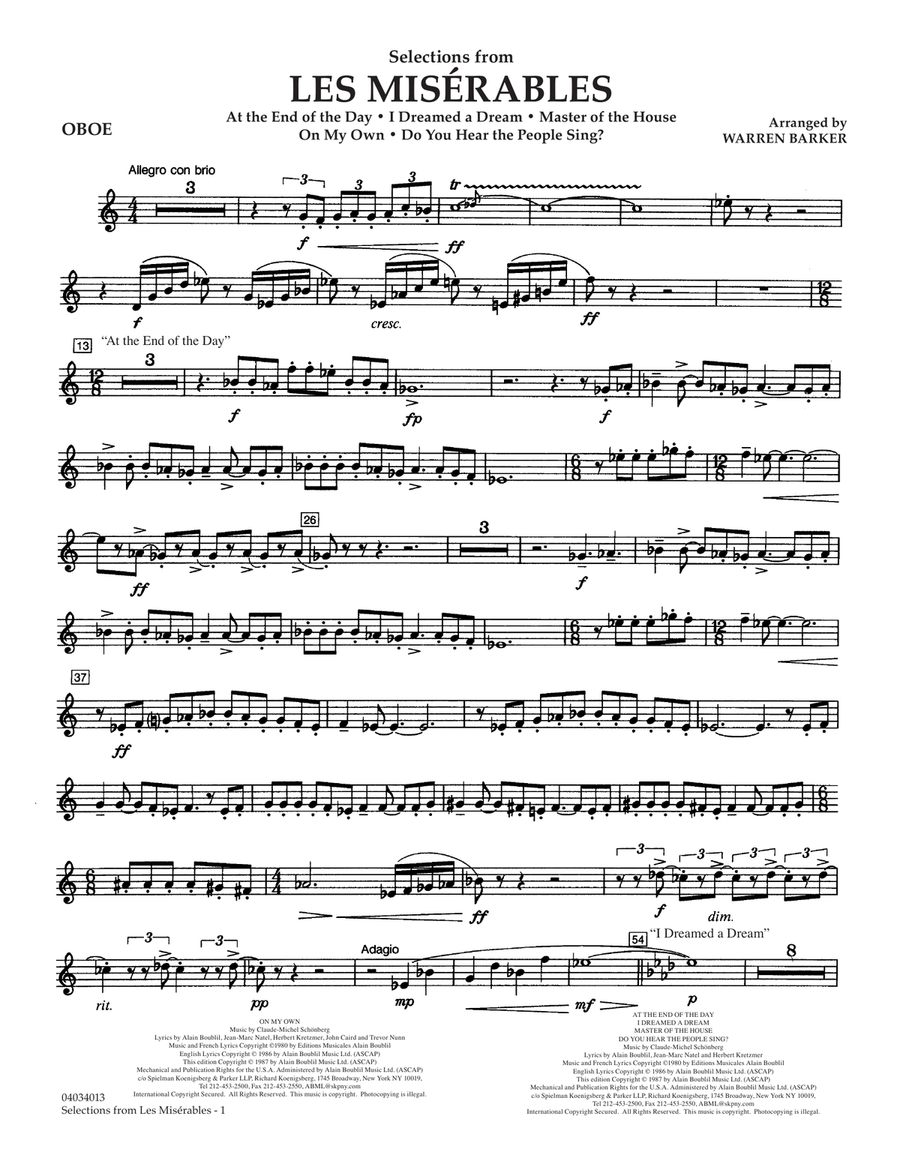 Selections from Les Misérables (arr. Warren Barker) - Oboe Concert Band scores gallery preview page 1