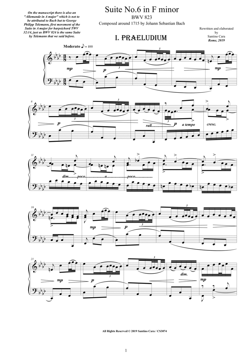 Bach - Piano Suite No.6 in F minor BWV 823 - Complete Piano version image number null