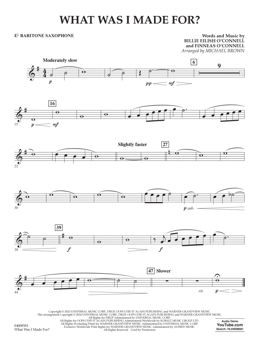 What Was I Made For? (arr. Michael Brown) - Eb Baritone Saxophone