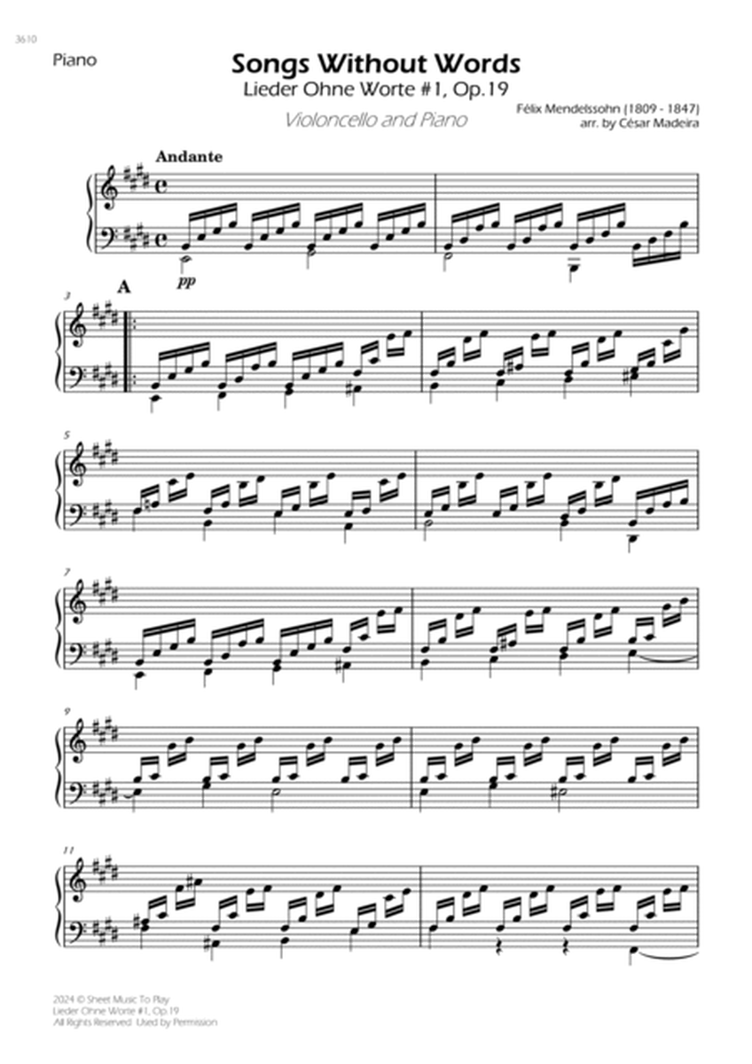 Songs Without Words No.1, Op.19 - Cello and Piano (Individual Parts)