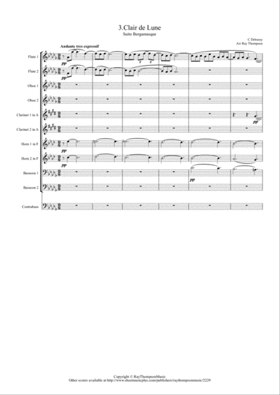 Debussy: Suite Bergamasque Mvt.3 Clair de Lune - wind dectet (& bass) School and Community scores gallery preview page 1