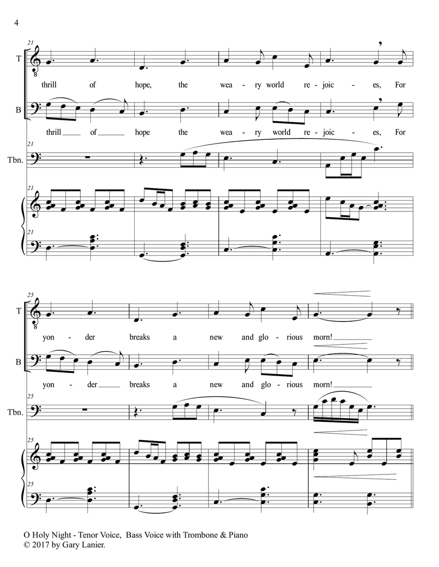 O HOLY NIGHT (Duet - Tenor Voice, Bass Voice with Trombone & Piano - Score & Parts included) Trombone Duet scores gallery preview page 5