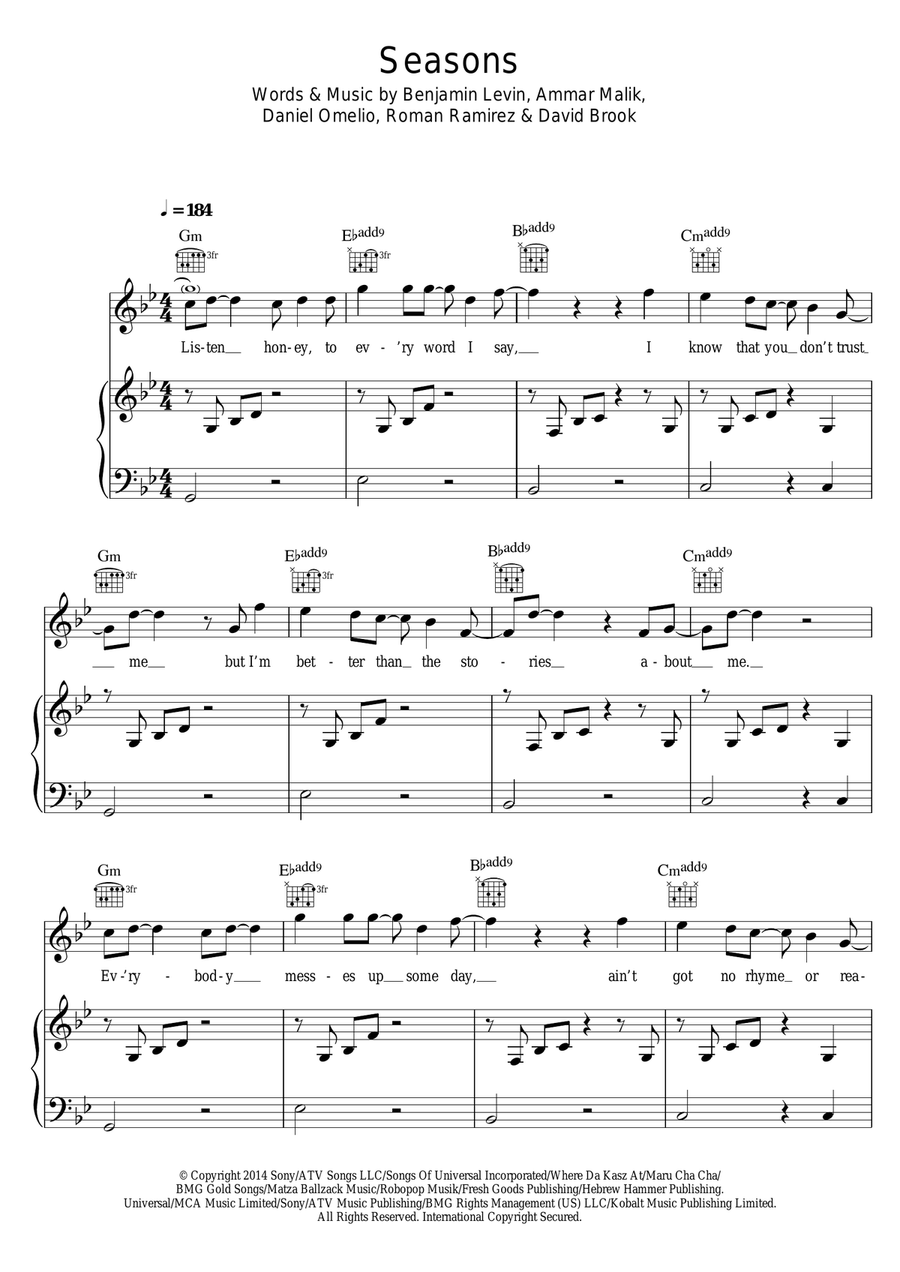 Seasons Seasons Piano, Vocal, Guitar scores gallery preview page 1