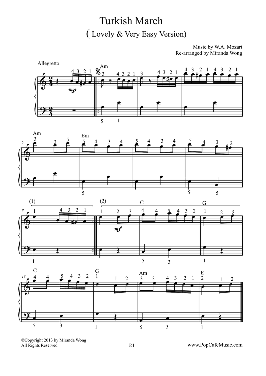 Turkish March (Mozart) - Very Easy Piano Version Easy Piano scores gallery preview page 1