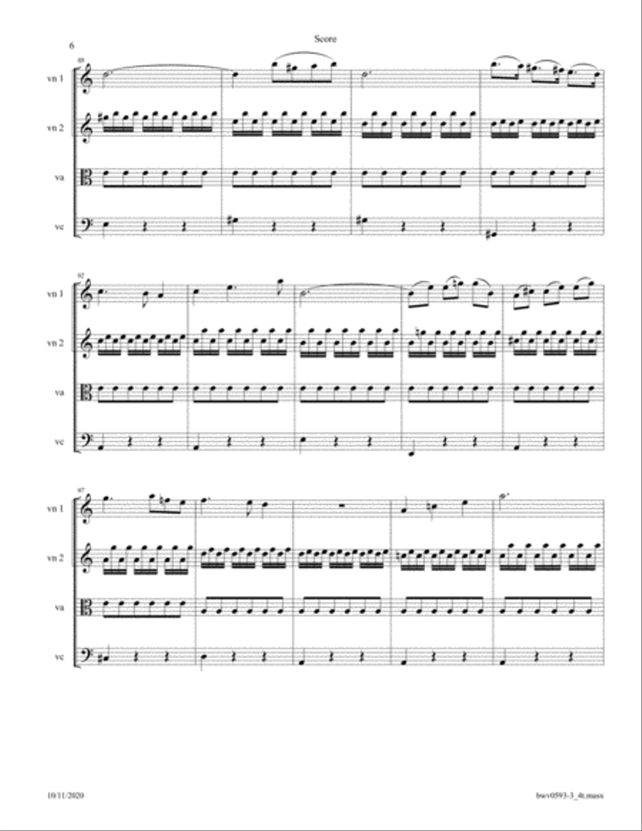 Bach: Concerto in A minor BWV 593-3 after Vivaldi, Mvt 3 arr. for StringQuatetrte String Quartet scores gallery preview page 6
