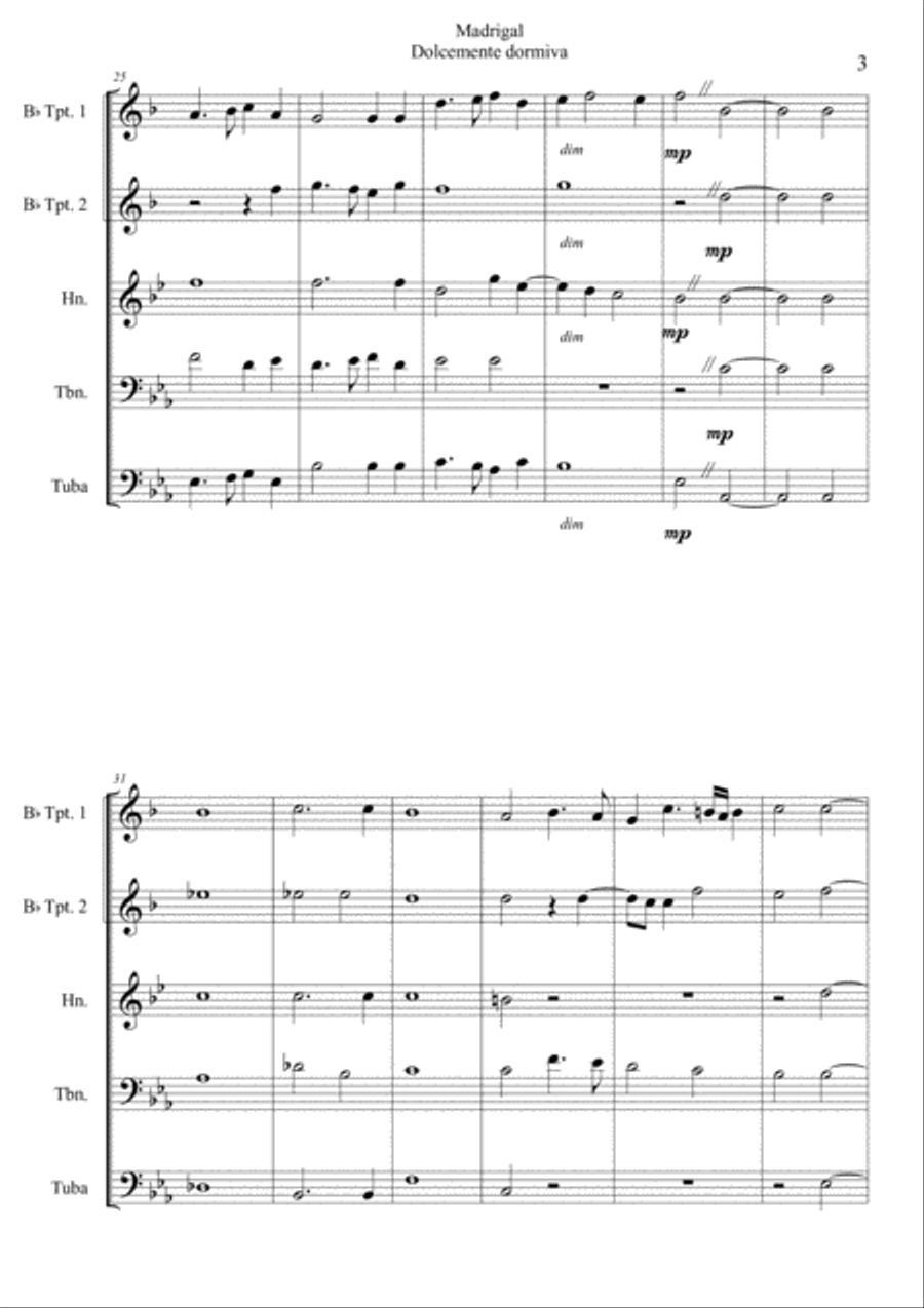 Madrigal 'Dolcemente dormiva' for Brass quintet Choir scores gallery preview page 3