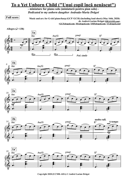 To a yet unborn child ("Unui copil încă nenăscut") - miniature for G-clef piano/harp (GCP/GCH) (f image number null