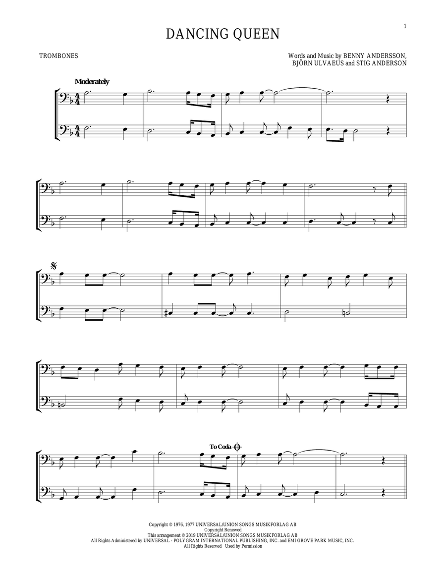 Dancing Queen Trombone Duet scores gallery preview page 1