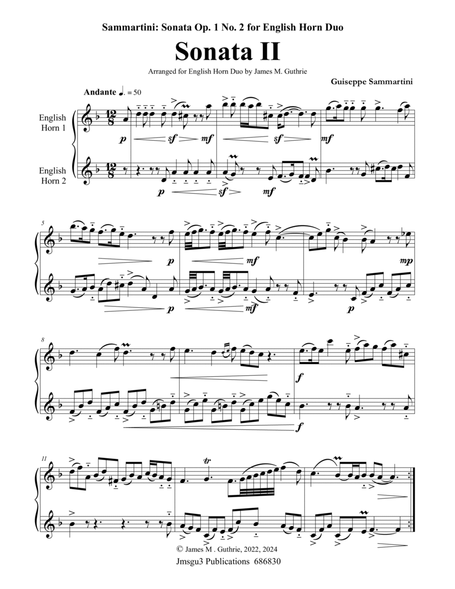 Sammartini: Sonata Op. 1 No. 2 for English Horn Duo English Horn scores gallery preview page 1