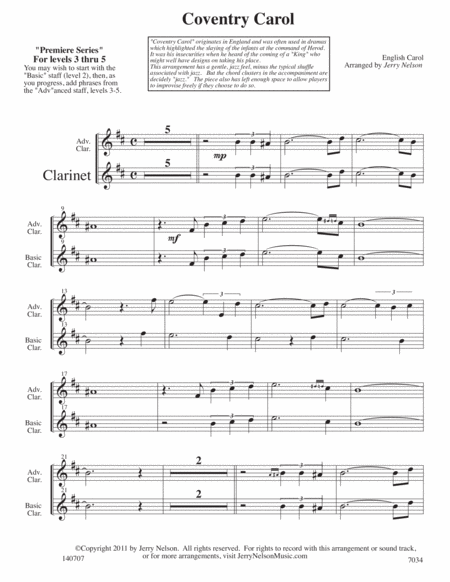 Coventry Carol (Arrangements Level 3-5 for CLARINET + Written Acc) image number null