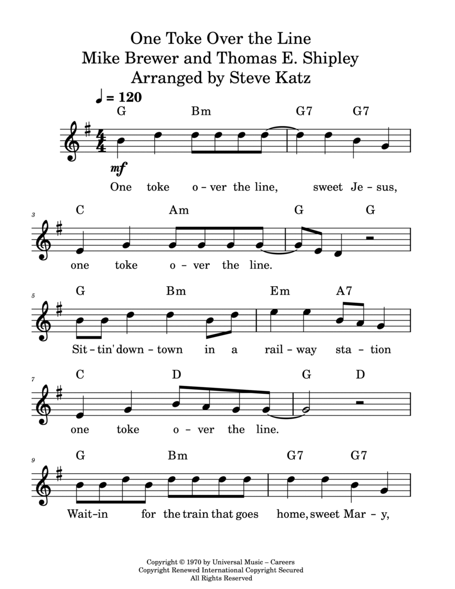 One Toke Over The Line Piano scores gallery preview page 1