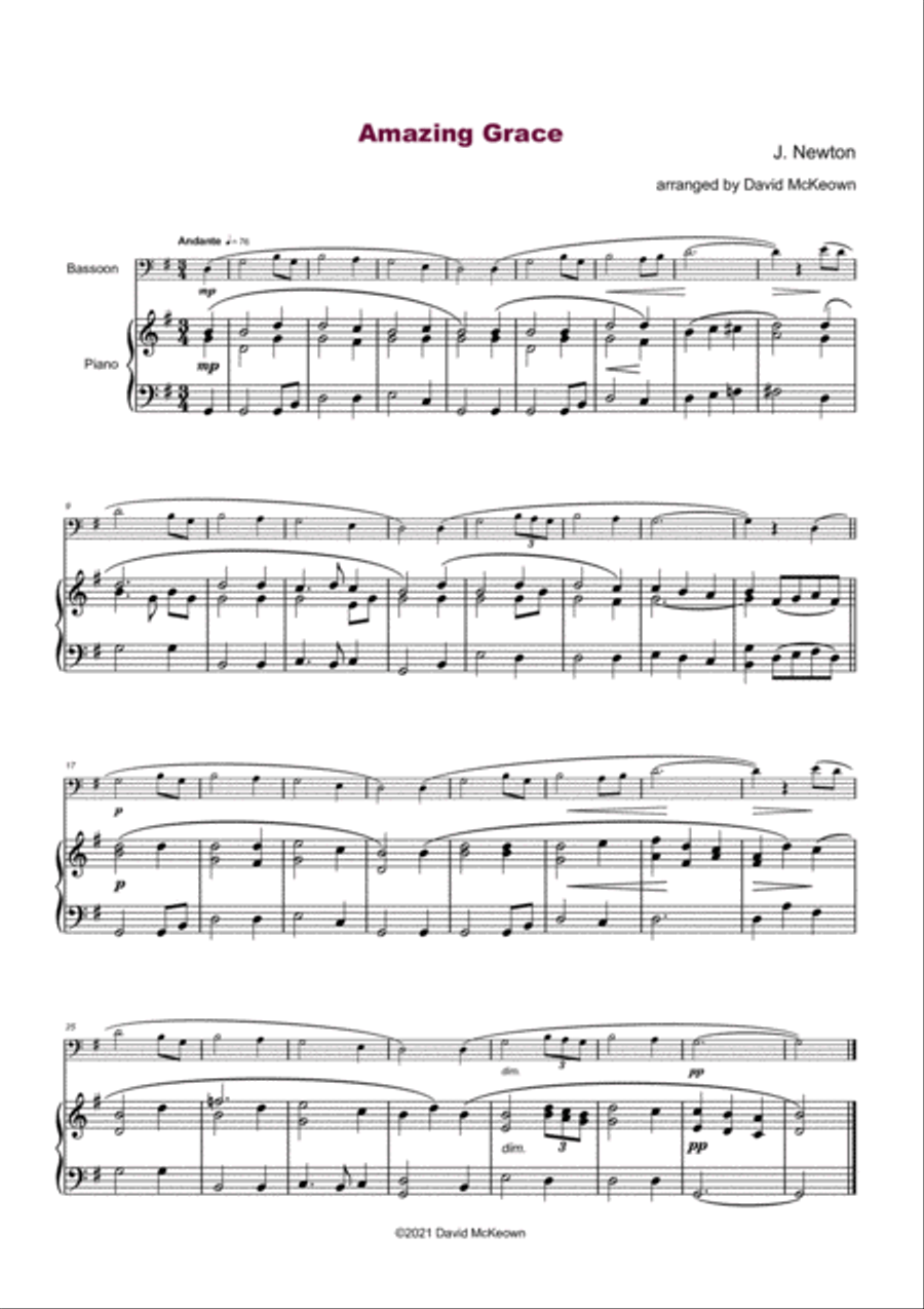 Amazing Grace, Gospel Hymn for Bassoon and Piano Bassoon Solo scores gallery preview page 2