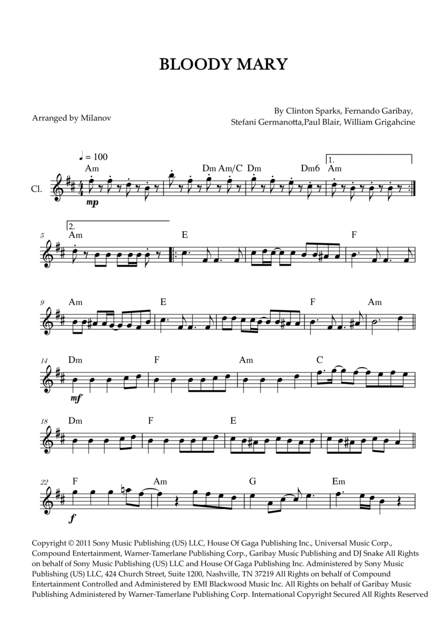Bloody Mary B-Flat Clarinet scores gallery preview page 1