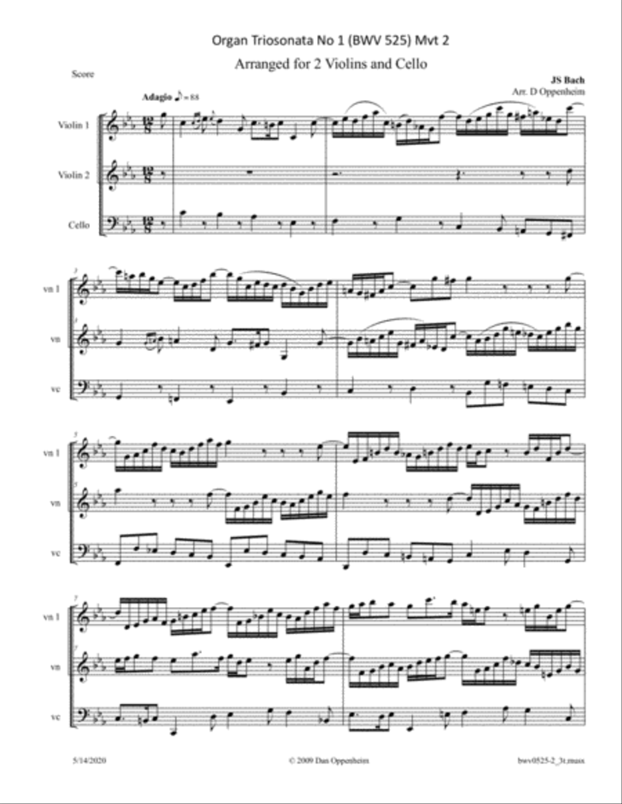 Bach: Organ Triosonata No 1 (BWV 525) Mvt 2 arr. for 2 Violins and Cello String Duet scores gallery preview page 1