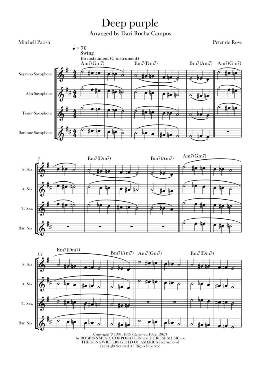 Deep Purple Saxophone Quartet scores gallery preview page 1