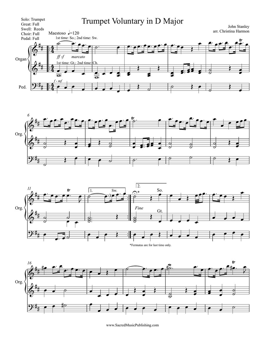 Stanley -Trumpet Voluntary in D Major - Organ Trumpet scores gallery preview page 2