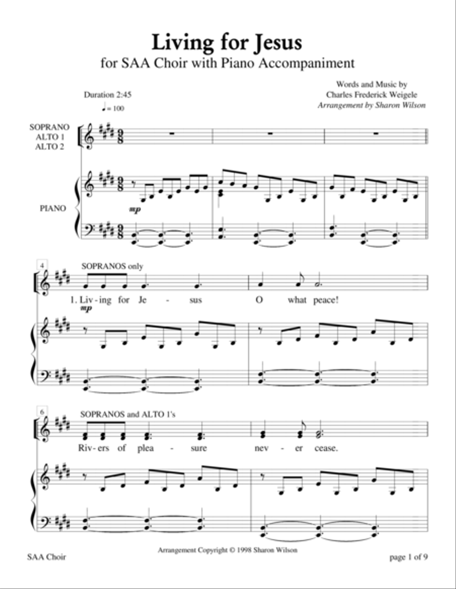 Living for Jesus (for SAA choir with Piano Accompaniment) 3-Part scores gallery preview page 1