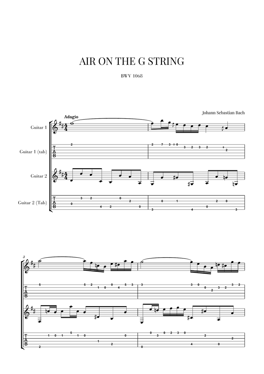 Bach: Air on the G String for Guitar Duo (2 Guitars) (Notation and Tabs) Classical Guitar scores gallery preview page 1