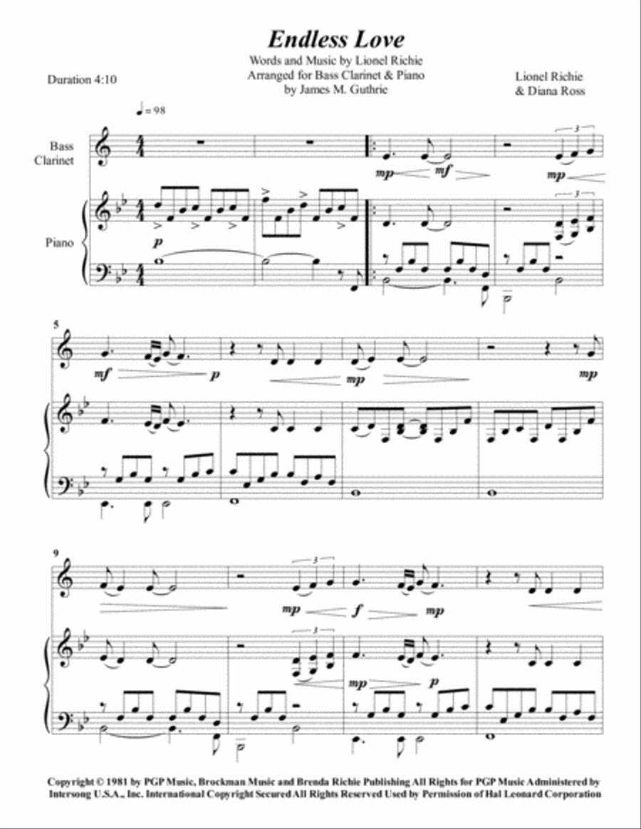 Endless Love Bass Clarinet scores gallery preview page 1