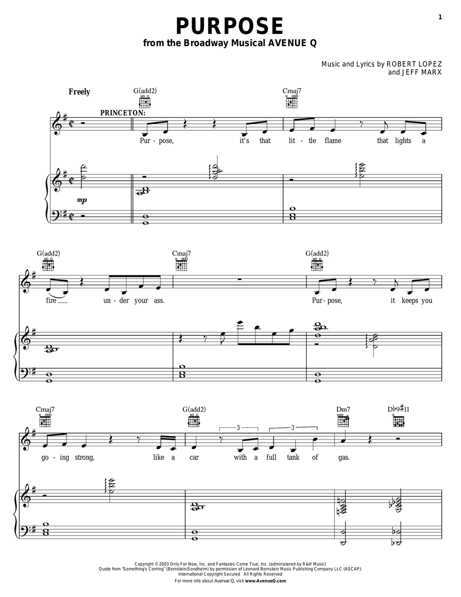 Purpose (from Avenue Q) Piano, Vocal scores gallery preview page 1