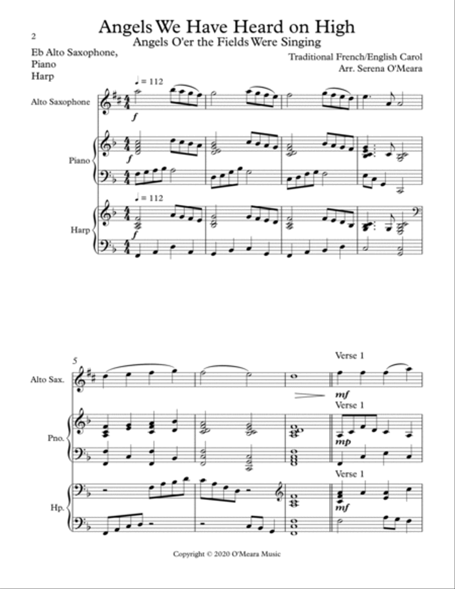 Angels We Have Heard On High, Trio for Eb Alto Saxophone, Harp and Piano Alto Saxophone scores gallery preview page 2
