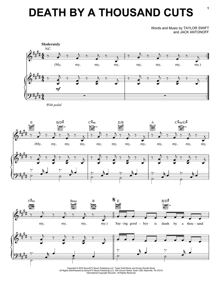 Death By A Thousand Cuts Piano, Vocal, Guitar scores gallery preview page 1