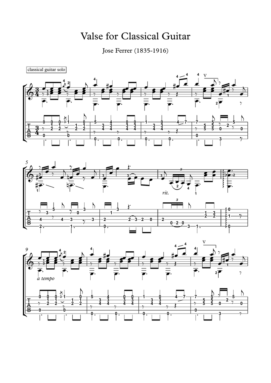 Valse for Classical Guitar solo with tab Acoustic Guitar scores gallery preview page 1