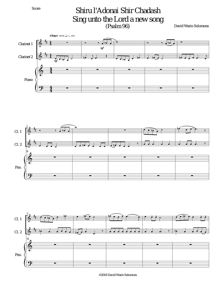 Shiru l'adonai shir chadash - O sing unto the LORD a new song - (Psalm 96) for 2 clarinets and piano image number null