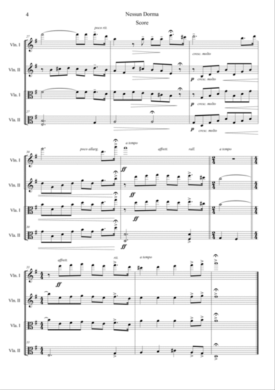 Nessun Dorma (Opera Turandot aria) String Quartet scores gallery preview page 4