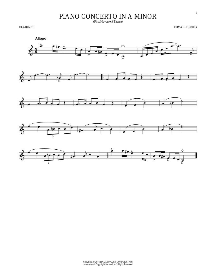 Piano Concerto In A Minor, Op. 16 Clarinet Solo scores gallery preview page 1