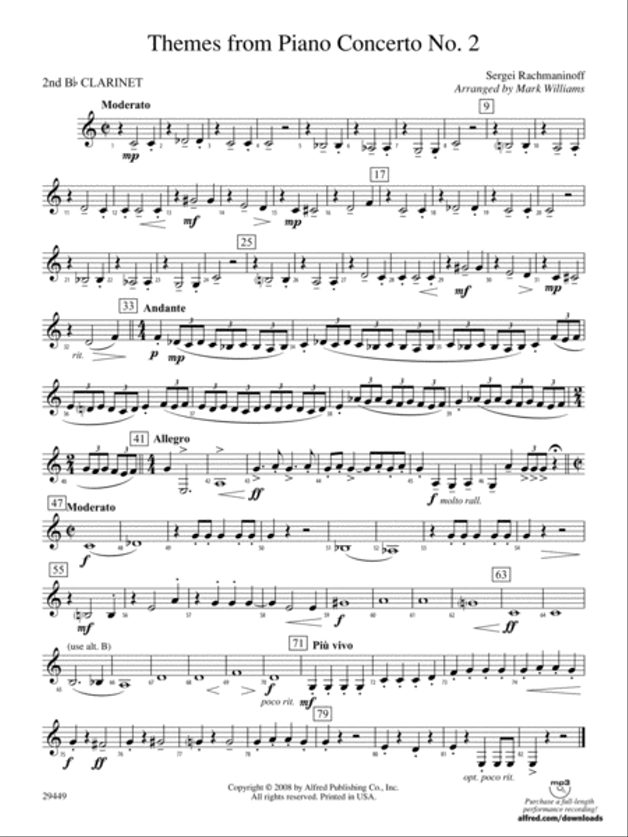 Themes from Piano Concerto No. 2: 2nd B-flat Clarinet Concert Band scores gallery preview page 1