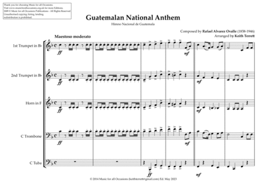 Guatemalan National Anthem (Himno Nacional de Guatemala) for Brass Quintet image number null