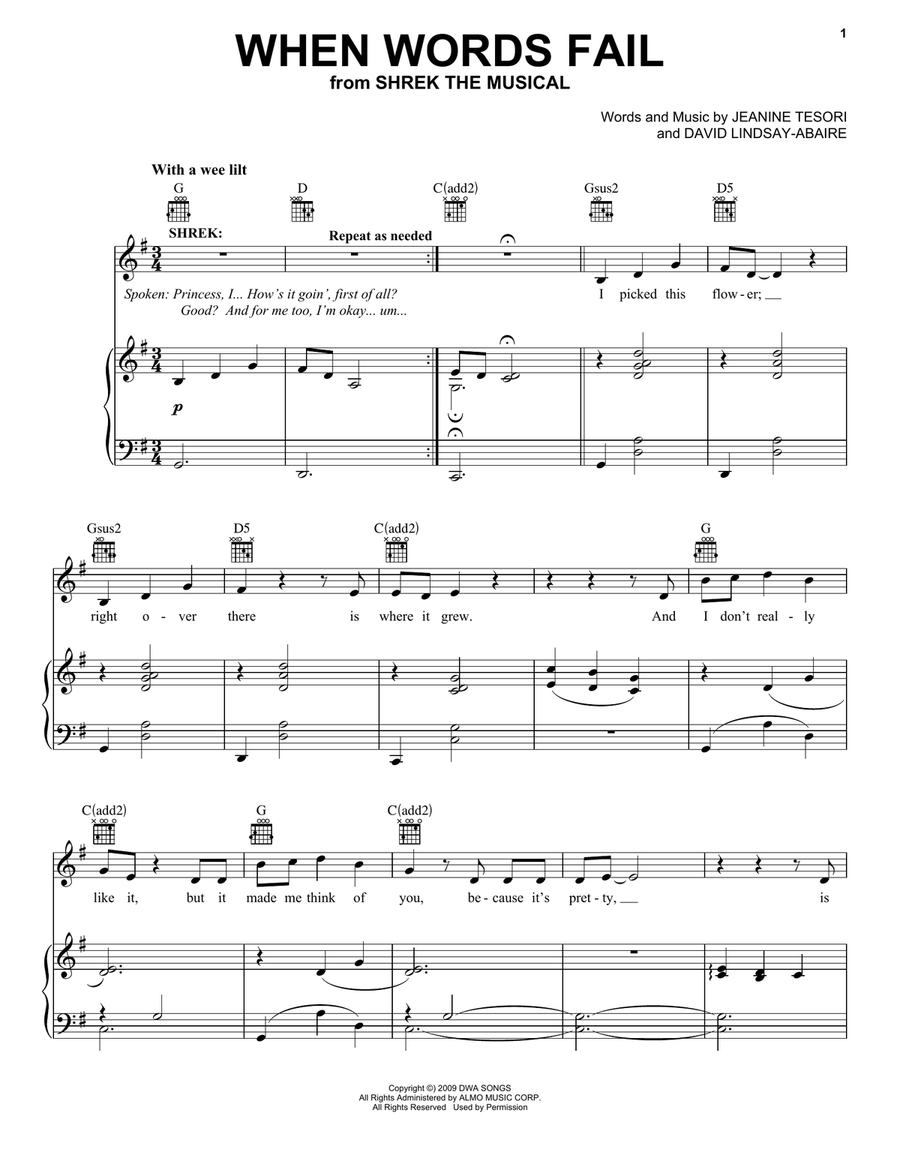 When Words Fail (from Shrek The Musical) Piano, Vocal, Guitar scores gallery preview page 1