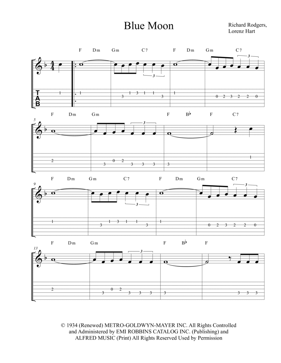 Blue Moon Blue Moon Guitar Tablature scores gallery preview page 1